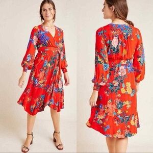 Anthropologie Boswell Textured Wrap Red Floral Long Sleeve Dress Sz 4